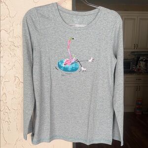 HUE Gray Long Sleeve Shirt with Flamingo Design